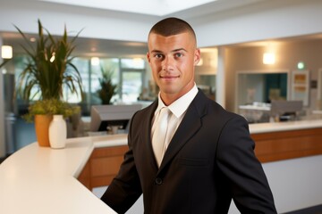 Young male receptionist standing at the front desk of a hotel or office