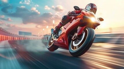 High-Speed Red Sport Motorcycle Racing on a Modern Track at Sunset