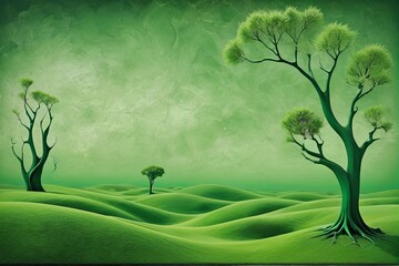 Fototapeta premium Emerald Dream: Surreal Green Hills and Whimsical Trees