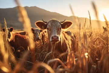 Fotobehang Cows grazing in a lush green pasture © Molostock