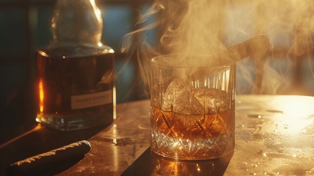 A bottle and a glass of whiskey with ice and a steaming Cuban cigar