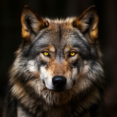 Portrait of a wolf staring at the camera with glowing yellow eyes