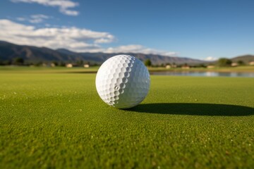 Fototapeta premium Close-up of a golf ball on a putting green with the fairway and mountains in the background