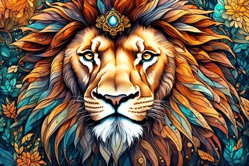 Fantasy background with enchanted lion face. fantastic magical illustration. Digital art