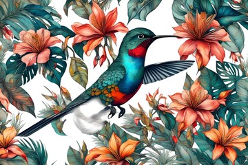 Beautiful tropical bird on exotic flowers in vintage style
