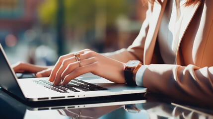 closeup businesswoman using laptop. - obrazy, fototapety, plakaty