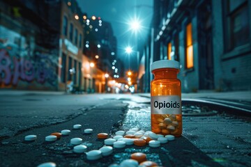 Fallen opioid bottle on a desolate city street symbolizing medical crisis.
