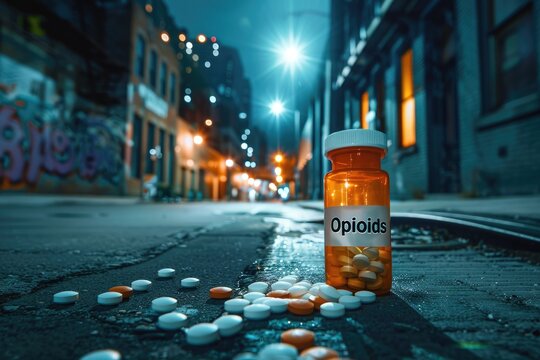 Fallen opioid bottle on a desolate city street symbolizing medical crisis.