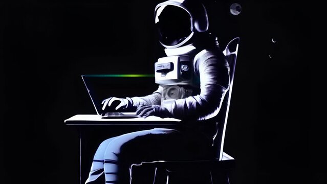 Lonely astronaut using laptop sitting on desk