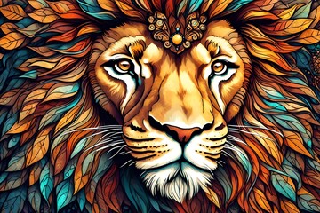 Fantasy background with enchanted lion face. fantastic magical illustration. Digital art