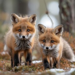 Fototapeta premium Playful red fox kits exploring a woodland, showcasing curiosity and cuteness. 