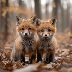 Fototapeta premium Playful red fox kits exploring a woodland, showcasing curiosity and cuteness. 