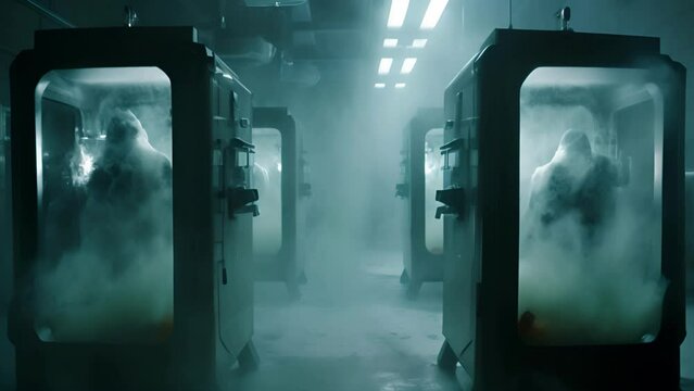 Team of astronauts in hypersleep anabiosis chamber aboard the orbital station. A crew of cosmonauts in hibernation. People in space. Galactic travel and science concept.