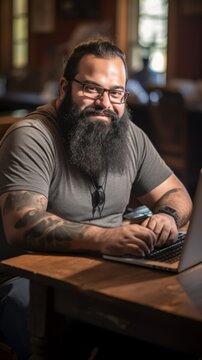 A Bearded Man Wearing Glasses is Using a Laptop