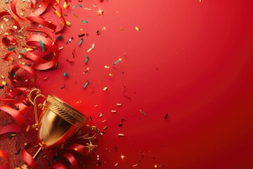 A golden trophy with streamers on red background, space for text