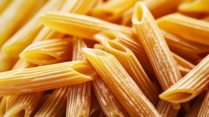 Close-up of a pile of uncooked whole wheat penne pasta