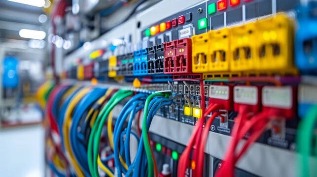 A close-up of an electrical control panel with various colored wires and blinking lights.