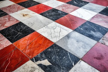 Red, White, Black and Pink Checkered Marble Floor Tiles