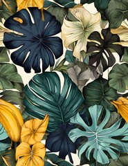Botanical illustration. Tropical seamless pattern. Rainforest, jungle. Palm leaves, monstera, colocasia, banana. Hand drawing for design of fabric, paper, wallpaper, notebook Generative Ai