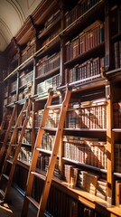 Vintage wooden library with bookshelves and ladders