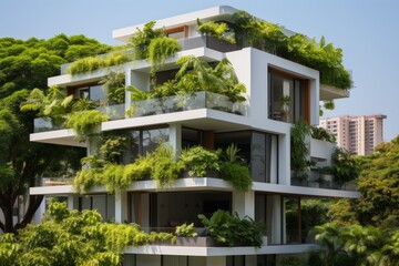 Fototapeta na wymiar Eco-friendly residential building with lush vertical gardens and urban skyline background.