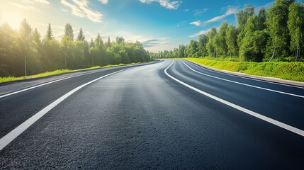 Scenic view of an empty asphalt road through a green forest on a sunny day