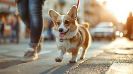 a person walks a dog on a leash. a dog buzzes around the city, a pedestrian crossing. sunny day, summer