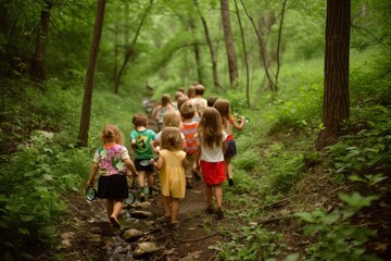 A group of children are exploring a forest.