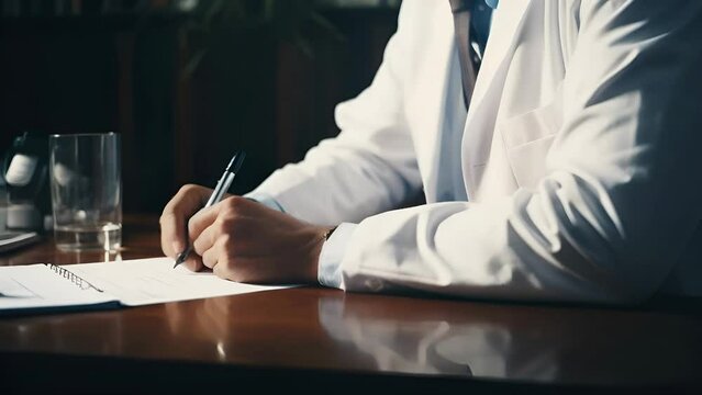 Close-up of a male doctor hand holding a pen and writing.