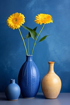 Three vases of yellow flowers sit on a gray surface against a blue background