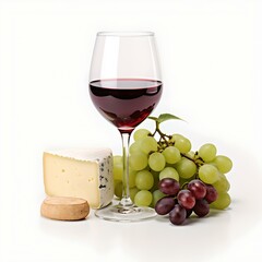 Elegant glass of red wine with assorted grapes and cheese on white background