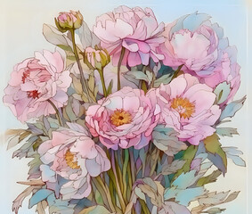 Elegant Peony Bouquet Illustration
Artistic illustration of a lush bouquet of pink peonies with delicate petals and green foliage, perfect for wedding designs, greeting cards, and spring