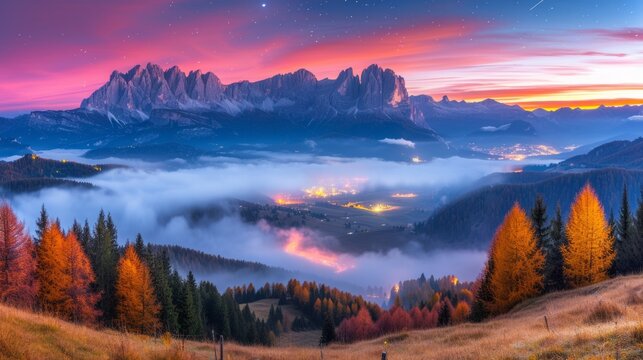 Scenic view of mountains and valley during sunset