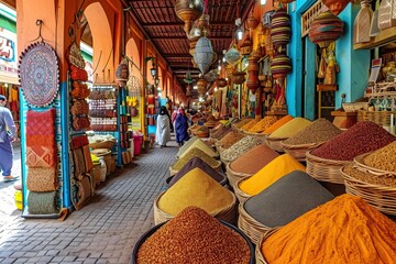 open air spice bazar with bowls full of colorful condiments