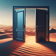 Opened door on desert. Unknown and start up concept. This is a 3d illustration, Ai Generated