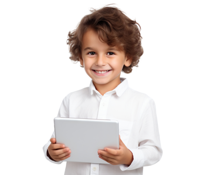 Happy smart young boy holding a tablet, cut out