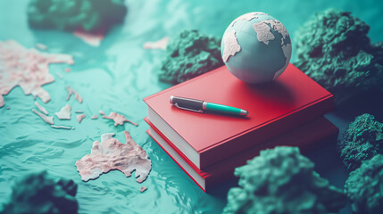 Books world map pen and a globe - Stories of adventure and excitement - Word Poetry Day concept art design 
