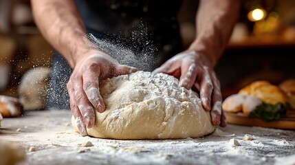 Fototapeta premium Cinematic close up of professional artisan baker chef is making with flour loaf of dough for preparation of pasta, pizza and other pastries in rustic bakery kitchen