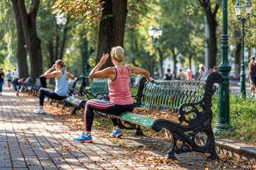 People exercising in the park on a sunny day