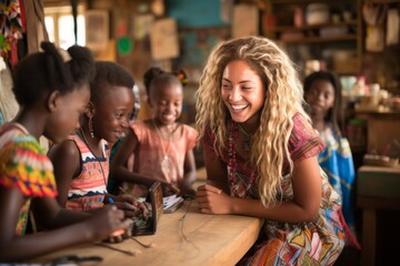 A blonde woman is sitting at a table with a group of African children.