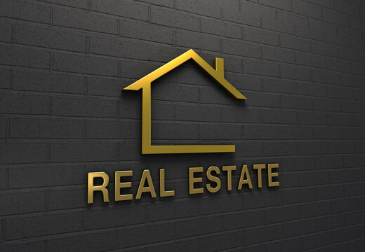 A sleek gold Real Estate Logo sign mounted on a textured black brick wall, conveying luxury and professionalism in property marketing