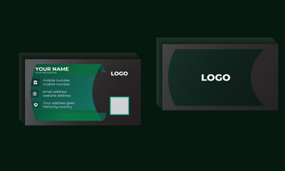 Curvy-style double sided business card with dark green and black gradient template. Horizontal layout with Dark green background. Vector illustrator.