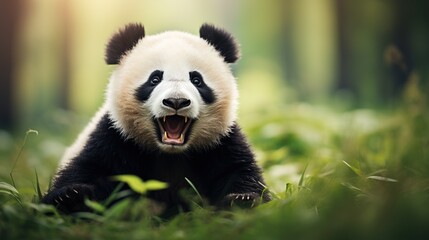 Panda eating shoots of bamboo. Rare and endangered black and white bear. A playful happy panda