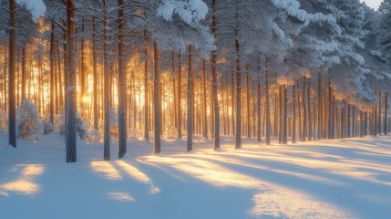 Sunlight shining through snow covered pine trees in the forest