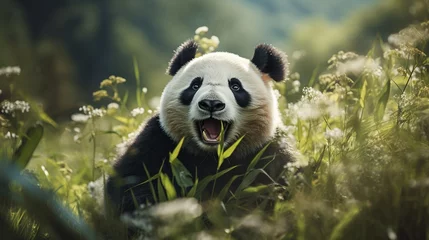 Poster Panda eating shoots of bamboo. Rare and endangered black and white bear. A playful happy panda © sergiokat