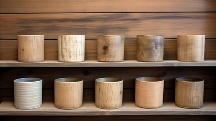 Cylindrical wooden containers with a natural wood grain pattern