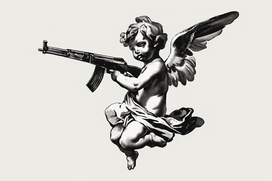 Drawing of a cupido angel flying while holding a black Kalashnikov gun in white background.