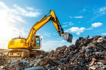 A bulldozer actively digging through a pile of trash at a recycling center.
