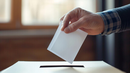 A male voter puts a ballot into the voting box. Hand with the bulletin. Democratic elections concept - obrazy, fototapety, plakaty