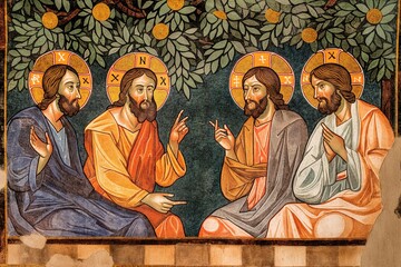 Painting depicting three men engaged in conversation, possibly portraying communication between Jesus and Peter. - obrazy, fototapety, plakaty